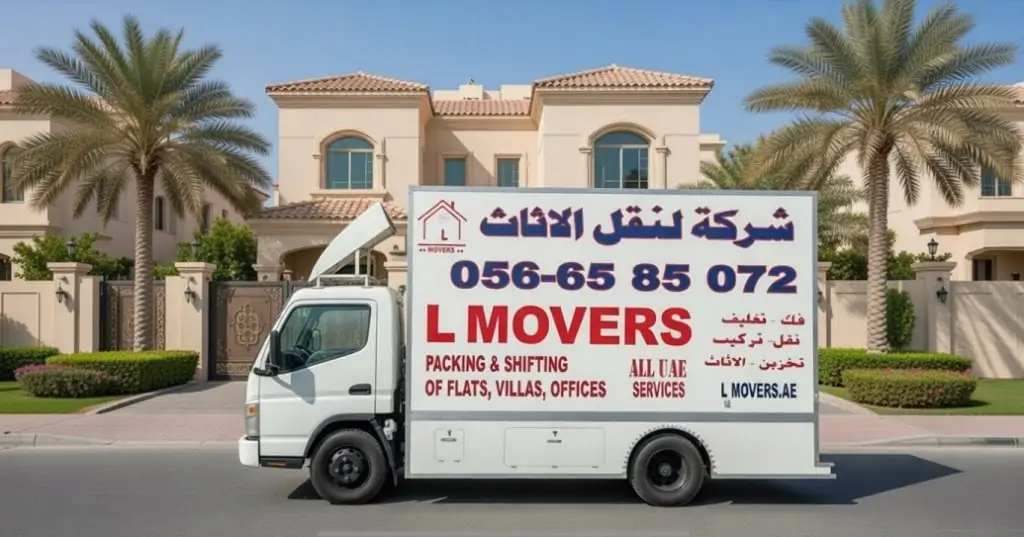 شاحنات نقل تحمل علامة ليلى موفرز التجارية، تقدم خدمات نقل الفيلات في ابوظبي