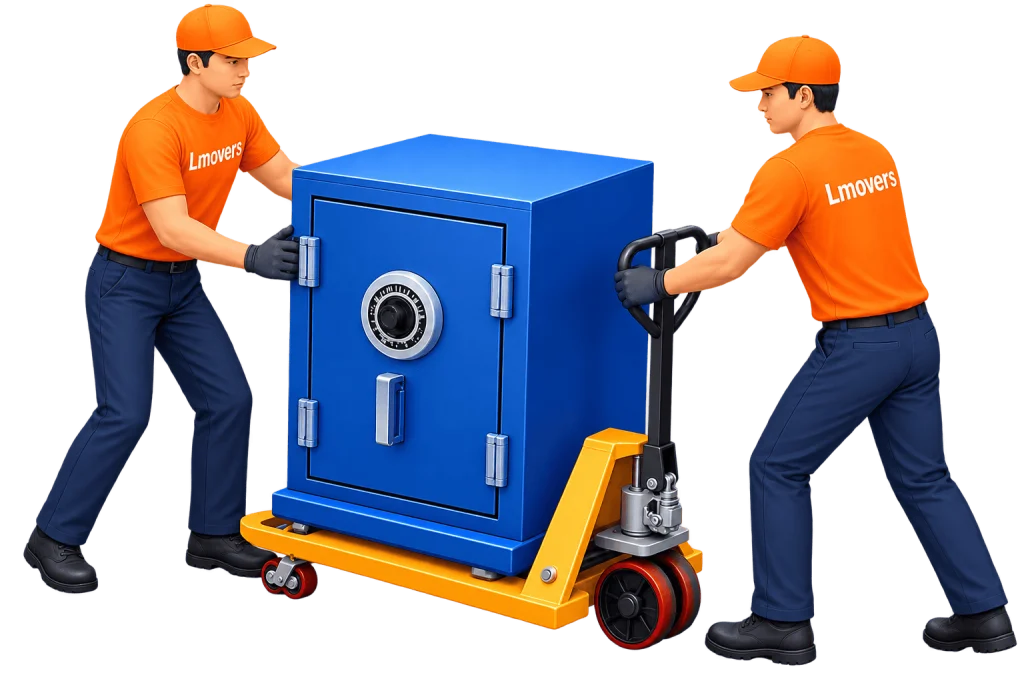 Safe locker movers moving a heavy safe on a pallet truck